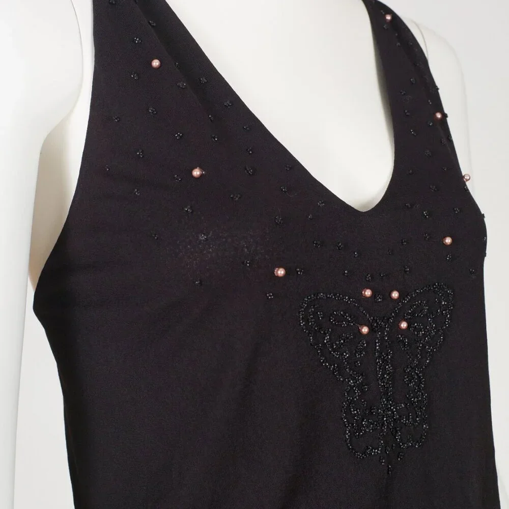 1970s Vintage Beaded Butterfly Black Jersey Cross Back Disco Dress Sz XS - Picture 2 of 5